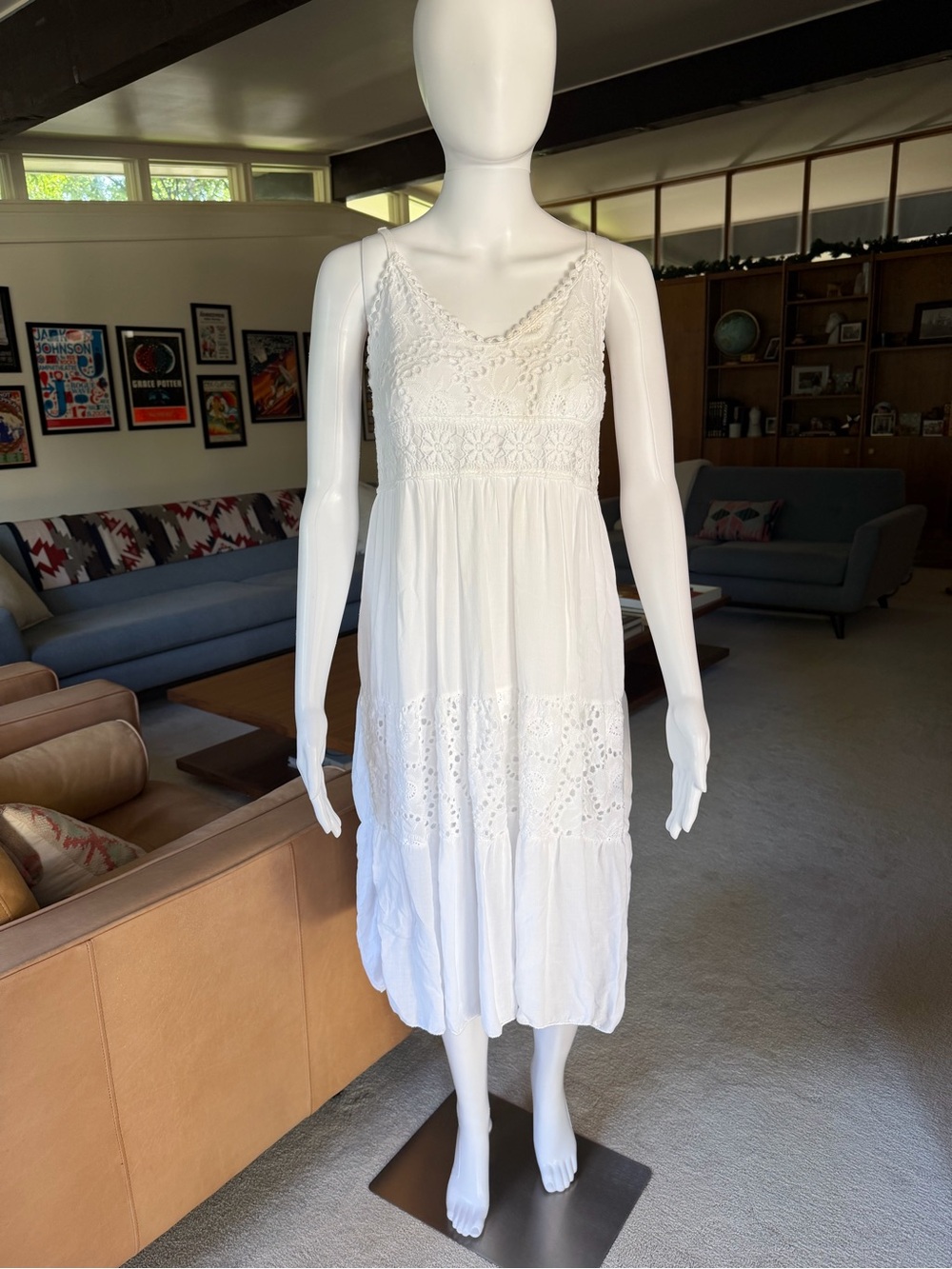 Women's White Eyelet Midi Dress - Sleeveless Summer Dress